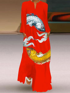 Fashionable Spring Summer Long Sleeve V-Neck Dress Womens Red Carp Print Beach Skirt Commute Ethnic Style A-Line Polyester Fabric