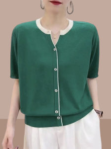 Ice Silk Womens V-Neck Striped Knitwear Short Sleeve T-Shirt Summer New Style plus Size Half Sleeve Comfortable Breathable