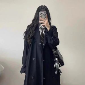Black Trench Coat for Women Outwear Spring & Fall 2024 Autumn New Arrival Mid Length Long Length Korean Style British Style Small Sized Mans Wear Overcoat