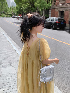 Yellow Summer 2025 New French Style Loose Lazy Long Backless Belted Dress Womens Fashion Loose Waist Bubble Sleeve A-Line Dress