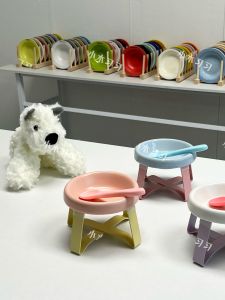 Pecolo Ceramic Pet Bowl Set with Stand Heightened Neck Protection Anti-Black Chin for Cats And Dogs Universal Pet Supplies