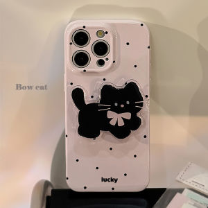 Cat Stand Mobile Phone Case for iPhone 15 pro Max 14 17 pro 11 13 Female 16 Full Cover Bright Surface Silicone Protective Shell