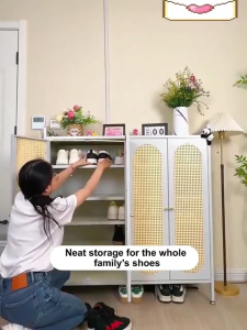 SPACEMADER Rattan Style Steel Shoe Cabinet Large Capacity Multi Layer Shoe Storage Organizer with Breathable Doors for Entryway Bedroom Home