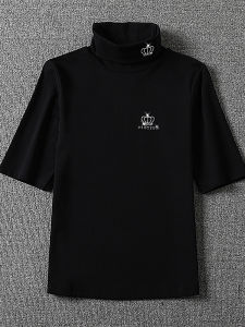 Elegant High Collar Pure Cotton Short Sleeve T-Shirt Womens Slim Fit Shirt Diamond Embellished Base Layer Top Korean Style