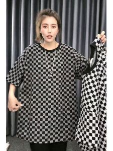 Plus Size Womens 150.00kg Mid Length Long Length Loose Short-Sleeved T-shirt Plus Size Ladies Summer Idle Style Casual Slim Looking Gingham Tops