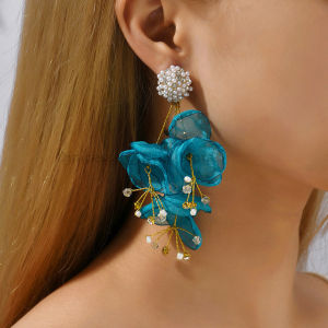 Elegant Fashion Yarn Flower Charm Decor Long Dangle Drop Earrings For Women Trend Luxury Female Unusual Wedding Party Jewelry