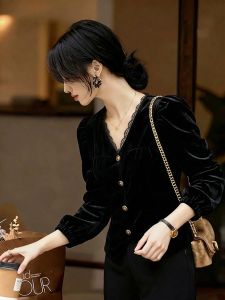 YUFUQING | French Luxury Velvet V-Neck Shirt Elegant Slimming