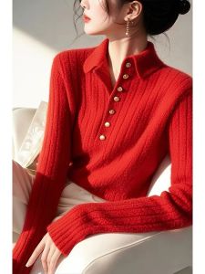 Christmas New Year Elegant Red Soft Cozy Knitted Polo Collar Sweater Cardigan Women Slim Fit Autumn Winter High Quality Top