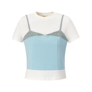 Berlinconch Original Fake Two-Piece Strap Vest Short Womens T-Shirt Top Layered Wear Cotton Polyester Summer round Neck