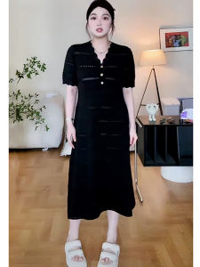 Yokoc plus Size Womens V-Neck Hollow out Knitted Dress Summer Slimming Meat Covering Long Dress Korean Style A-Line Skirt