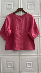 Áo kiểu nữ cổ trụ tay phồng Linen tưng washed. JUNE LINEN #A47