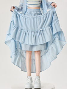 Blue Bowknot A-Line Midi Skirt Womens Spring Autumn New Pleated Long Skirt High Waist Draping Umbrella Skirt Korean Style