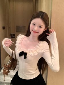 Womens Knitted Butterfly Knot Top Lace Base Layer Christmas Sweater Spring Autumn Pure Desire Lotus Leaf Edge Inner Wear