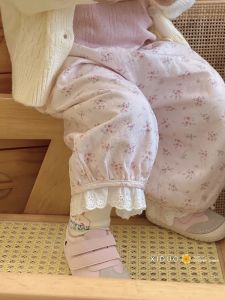 Korean Style Girls Floral Print Mosquito Repellent Pants Lace Trimmed Cuffed Casual Summer Trousers for Babies And Kids