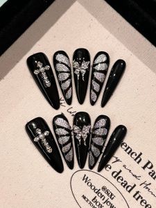 Black Luxury Cool Girl Long Sharp Silver Cat Eye Butterfly Breakout Nail Tips Glue on Fake Nails Wearable Nail Art Design