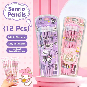 Sanrio | Sanrio 12-Piece HB Pencil Set Includes a Pencil Sharpener and Eraser Featuring Kuromi My Melody and Cinnamon Dog Designs.