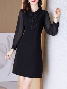 ชุดเดรสคอตุ๊กตาสีดำ กระโปรงทรงเอเอวสูง แขนยาว ทรงปกติ ชุดเดรสผู้หญิง ชุดทำงาน ชุดทำงาน ชุดทำงาน