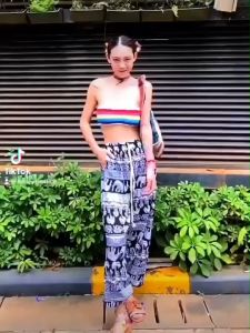 LovInFashion กางเกงผ้าสปันลายช้างขาจั๊มเอวรูดได้จริง สีอ้วน ใส่บ้านชิว 100% ไฟ ฝูกบ่อย