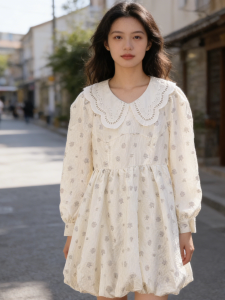 ชุดเดรสสไตล์เจ้าหญิงทรงเอเอวสูงผ้าโพลีเอสเตอร์พิมพ์ลายแขนยาวคอตุ๊กตาหวานสำหรับฤดูใบไม้ร่วงปี 2024