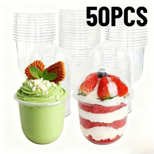 50PCS Disposable Clear Plastic Cup With Lids Juice Salad Dessert Cups With Dome Lids Outdoor Activities Wedding Camping