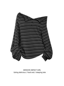 Fall New Arrival Stripes off-Shoulder Slimming Long Sleeves Loose T-shirt Female Niche Style Retro Chic off-Shoulder Base Tops