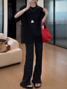Black Polka Dot Wooden Edge Casual Pants Womens Loose Floor-Length Wide Leg Pants for Pear Shaped Body Autumn New Style