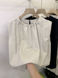 เสื้อเชิ้ตคอตั้งแขนกุดผ้าฝ้ายลินินหลวมๆ สไตล์ฝรั่งเศสสำหรับผู้หญิงในช่วงฤดูร้อนปี 2025 เสื้อเชิ้ตแขนกุดคอตั้งทรงหลวมๆ สีพื้น