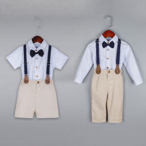 lontakids Kids Short-Sleeved Striped Shirt Suspenders Pants Set Boy Birthday Graduation Chorus Speech Performance Dresswear Childrens Formal Suit Gentleman Clothing