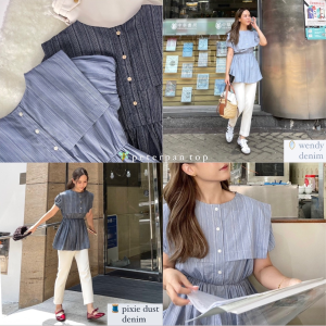 janunstudio - PETERPAN TOP 2 สี (เสื้อผู้หญิง ปีเตอร์แพน ใส่ได้ 2 ด้าน) - เสื้อสีผ้ายีนส์ เดนิม มี texture ลายทาง