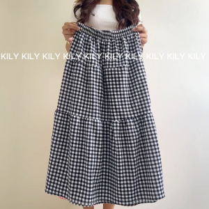 Buy 1 Take 1 KILY Casual Maxi Skirt Gingham Checkered Print Soft Crepe Skirt for Women 19A0089