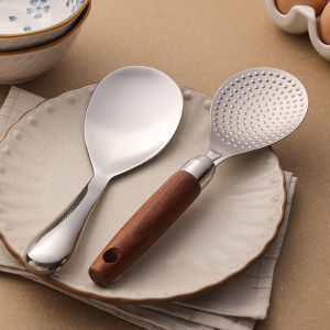 Japanese-Style Rice Spoon Non-Stick Rice Grains Meal Spoon 304 Stainless Steel Wooden Handle Rice Scoop For Home Rice Cooker Rice Pot Rice Spoon