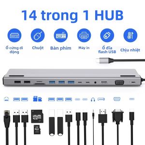 Cổng Kết Nối Đa Năng 14 Trong 1 Loại C Với HDMI RJ45 USB3.0 PD VGA Đầu Đọc Thẻ TF/SD Âm Thanh Dành Cho iPad Laptop Notebook - Hub Mở Rộng
