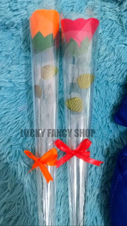 BUKET BUNGA MAWAR JINGGA 1 TANGKAI FLANEL ORANGE ROSE BUCKET PLASTIK HADIAH GIFT PALING MURAH