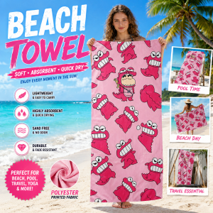 52TOYS | Cute Pink Dinosaur Print Beach Towel C-Crayon S-Shin Chan Inspired Microfiber Quick Dry Bath Towel for Kids Adults Anime Swim