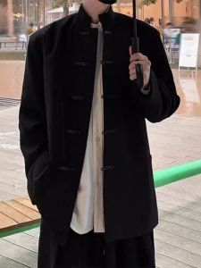 New Chinese Style Button up Shirt Mens Spring Autumn Loose Stand Collar Jacket Top Polyester Fiber Long Sleeve Trendy