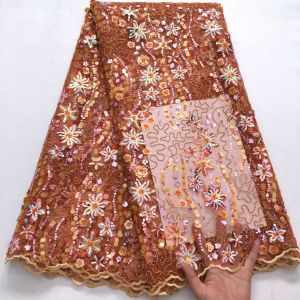 Luxury Hand-Embroidered African Mesh Lace Fabric with 3D Floral Sequins 5Yards French Tulle Lace For Bridal Evening Gowns