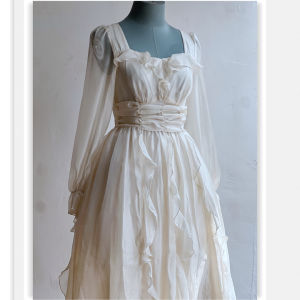 Princess Style Fairy Dress with Willow Leaf Edge for Kids Fairy Costume High Waist Long Sleeve Pure Color Spring Summer Dress