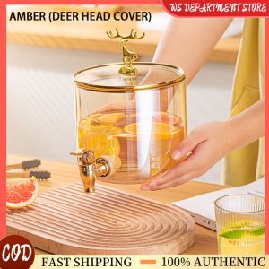 2.6L Amber High Boron Quartz Glass Cold Kettle Deer Head Cover Large Capacity Orange Juice Drink Bucket