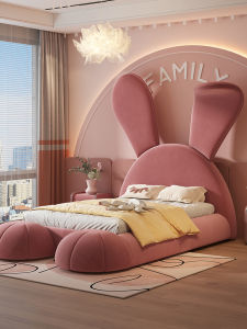 Childrens Bed Girl Princess Bed Big Ears Rabbit Bed Ins Style 1.5 M Modern Minimalist Cartoon Solid Wood Leather Bed