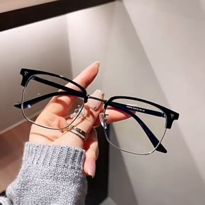 Kacamata Minus Anti Radiasi Hitam Setengah Bingkai Pria Retro Bisnis Kacamata komputer dengan lensa jernih