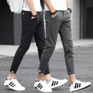 Summer Mens Slim Fit Casual Pants Cotton Elastic Grey Versatile Korean Style Nine-Piece Length Youth Fashion Elastic Waist