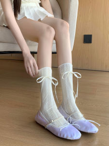 Spring and Summer Thin Ballet Style Bunching Socks Mesh Breathable Lace Stockings Female JK Hollow out Tied Bows Tube Socks