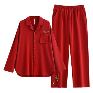 yuenei | Womens Autumn & Winter Cotton Long Sleeve Sleepwear in Red Chinese Style