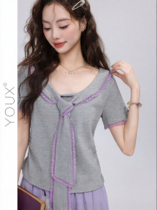 YOUXIANG | Áo Thun Phong Cách Hàn Quốc Đẹp Mắt Màu Tím Có Ren