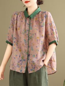 Fashionable Cotton Linen Set Women Summer Printed Shirt Loose Casual Slimming Two Piece Set Ageless Mom Trendy Outfit