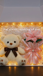 Surprise Gift Box for Her with Teddy Bear & Sunflower Bouquet Free Personalized Card for Anniversary Wedding and other Special Occasion Gifts
