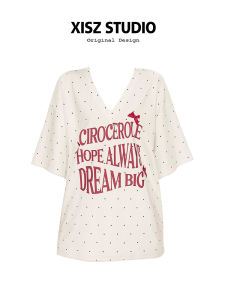 American Style Polka Dot T-Shirt Women Summer V-Neck Print Loose Slimming Design Sweet And Spicy Short Sleeve Top