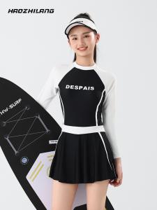 Girls Conservative Long Sleeve One Piece Swimsuit Quick Dry Skirt Style Swimming Costume for Teenage Kids Beach Sun Protection