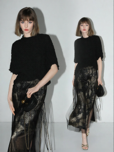 COCOBELLA | Ruffled Knitted Short Sleeve T-shirt and Black Gold Mesh Skirt Set