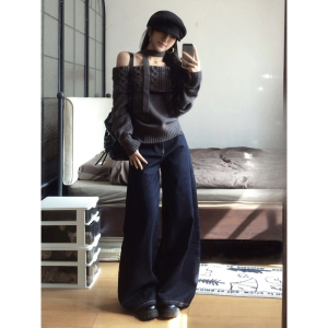 กางเกงยีนส์ขากว้างเอวสูงทรงหลวมขาตรงสีน้ำเงินเข้ม กางเกงขายาวผู้หญิงฤดูร้อน กางเกงยีนส์ทรงหลวมสบายๆ ทรงลำลอง